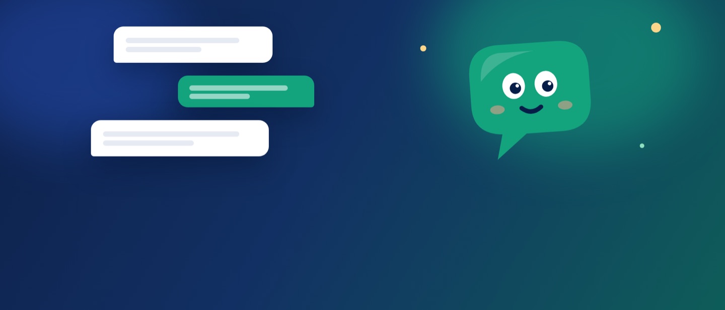 Vox, de gespreksleider van ScoreStory: een groene tekstballon met ogen, naast drie chatberichten