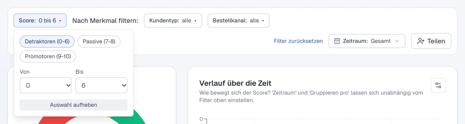 Der Scorefilter mit Schaltflächen für Detraktoren, Passive und Promotoren