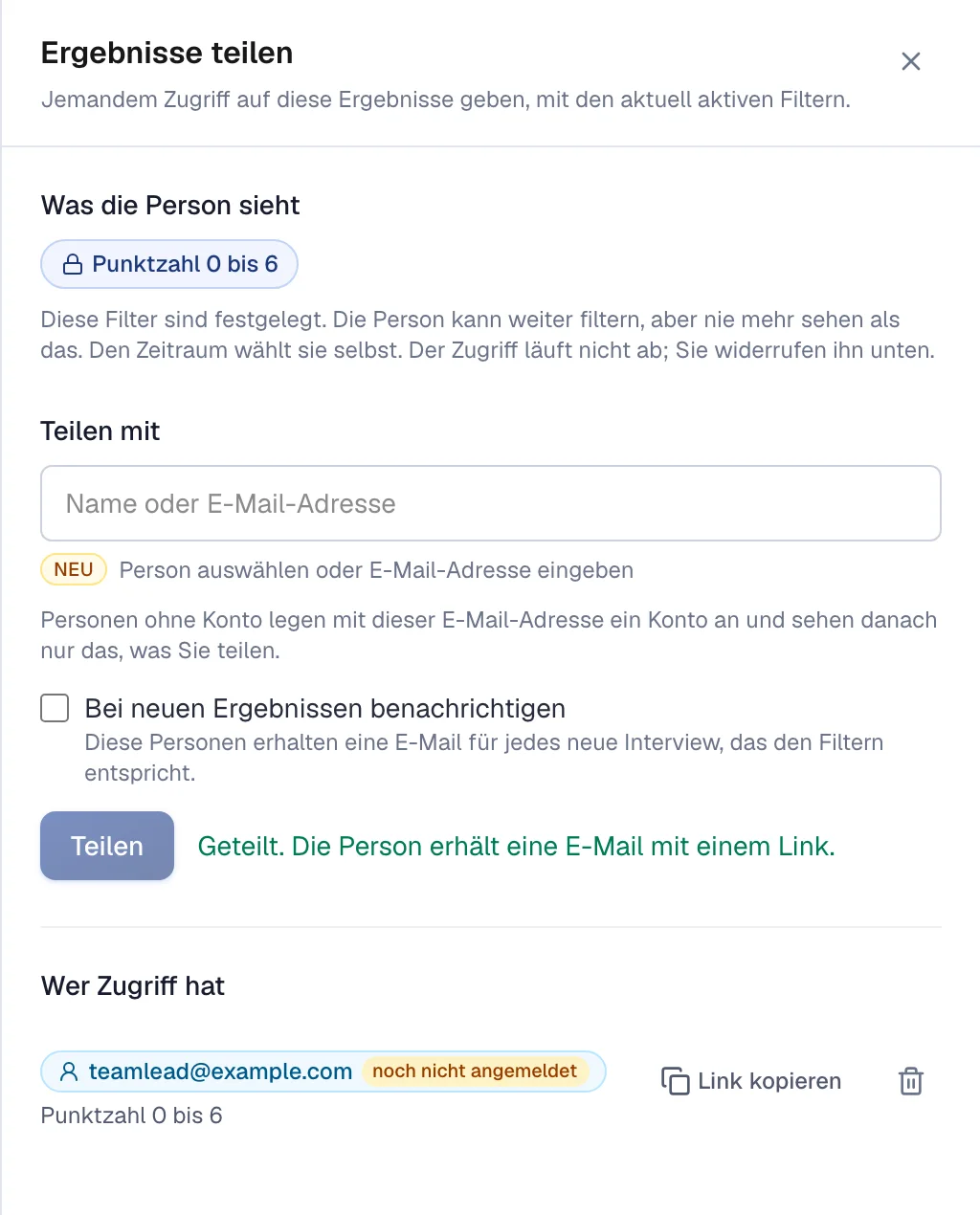Das Fenster Ergebnisse teilen, mit allen, die mitlesen dürfen