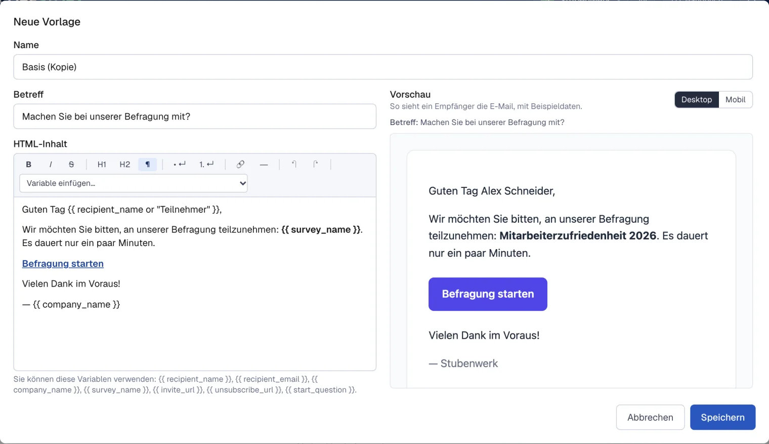 Der Editor für eine Mailvorlage mit Layout und eine Vorschau der Mail