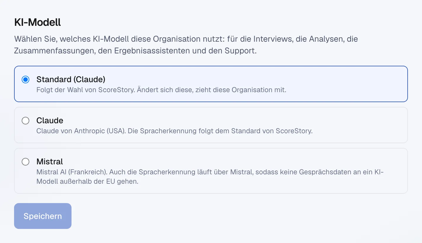 Die Einstellung KI-Modell mit den Optionen Standard, Claude und Mistral