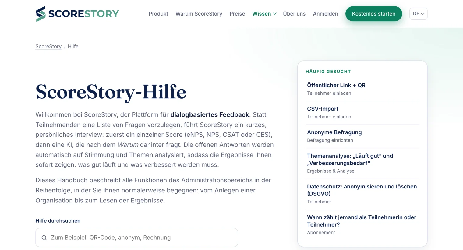 Die Hilfe auf der Website mit Suchfeld und häufig gesuchten Themen