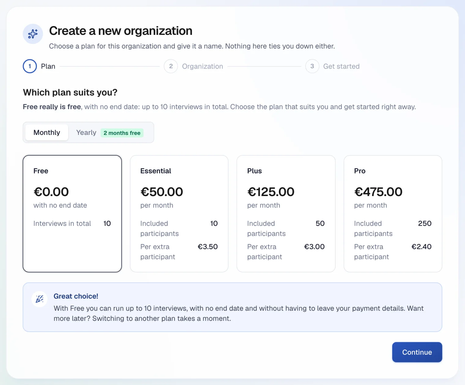 Choosing a plan while creating an organisation, with the free plan selected
