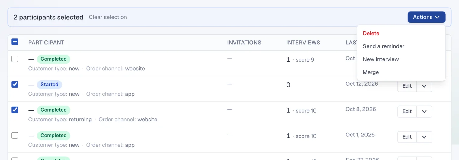 Two selected participants and the Actions menu