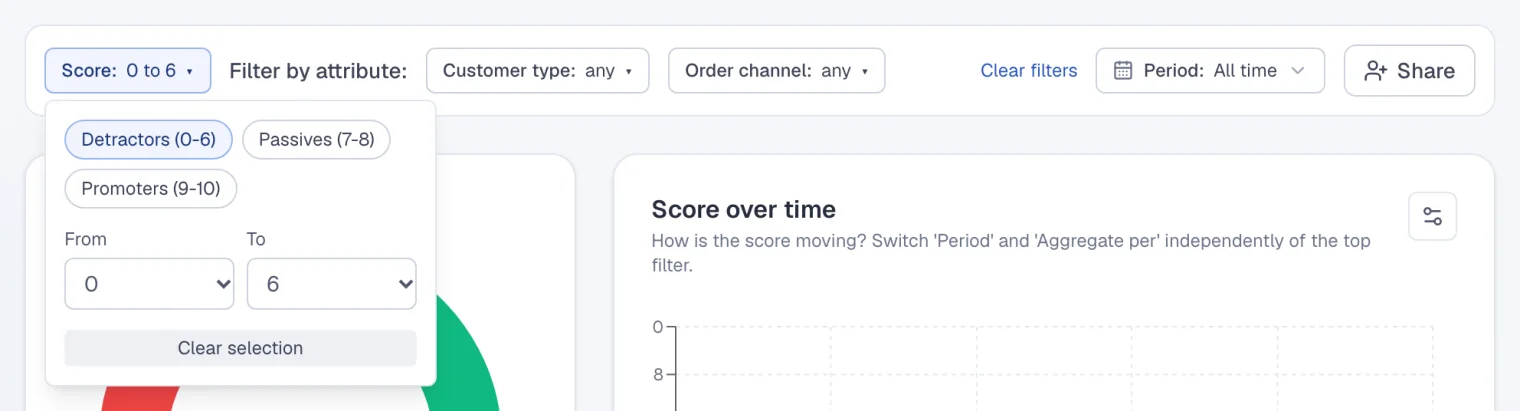 The score filter with buttons for detractors, passives and promoters