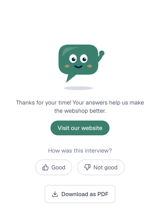 The end page of an interview on a phone, with Vox waving