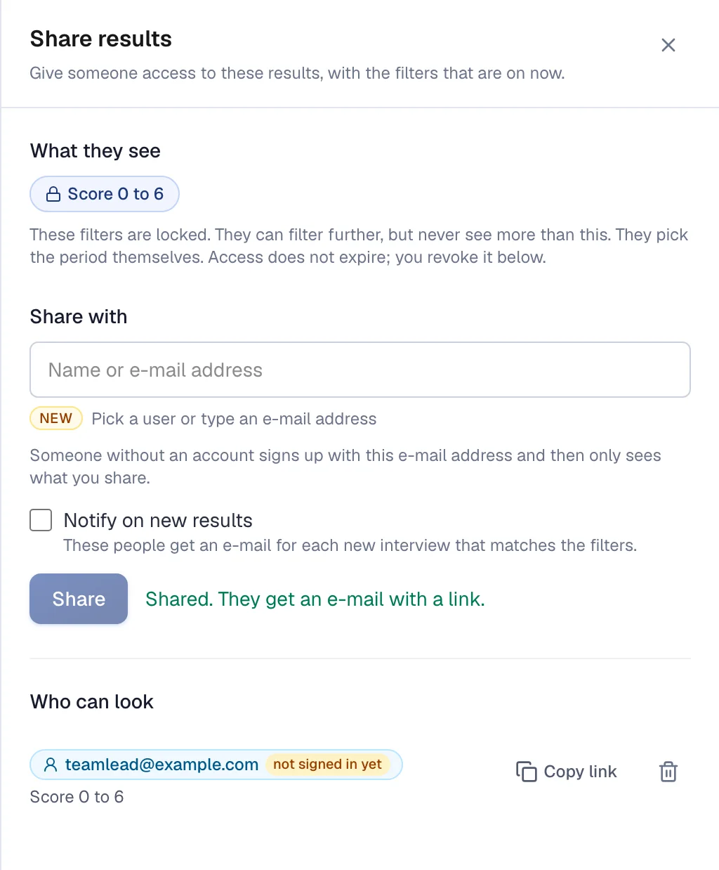 The Share results window, with who can follow along