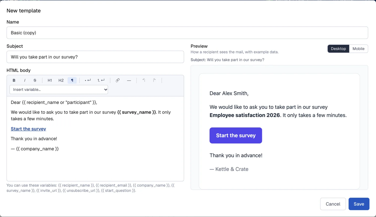 The editor for an email template with a layout, and a preview of the email