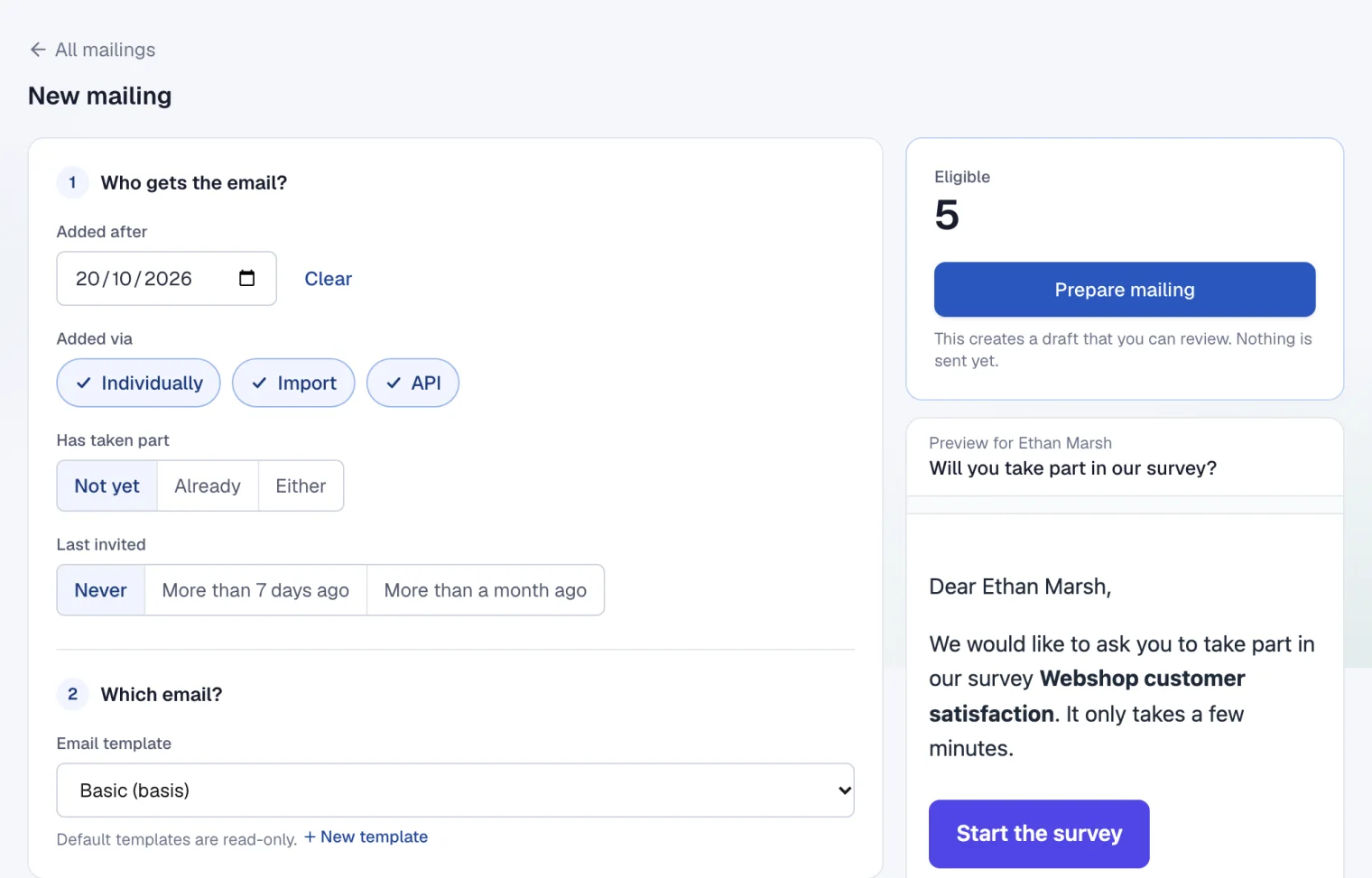 A new mailing in two steps, with the number of recipients and a preview on the right