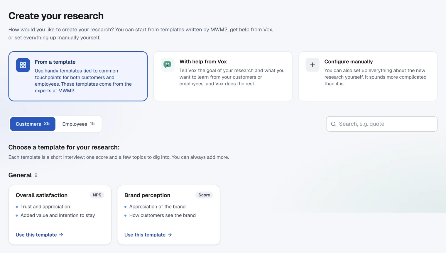 Creating a new survey: choose a template, help from Vox or manual set-up, with the first templates