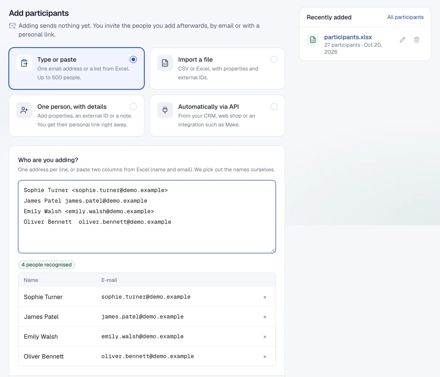 Adding participants in four ways: type or paste, a file, one person or the API