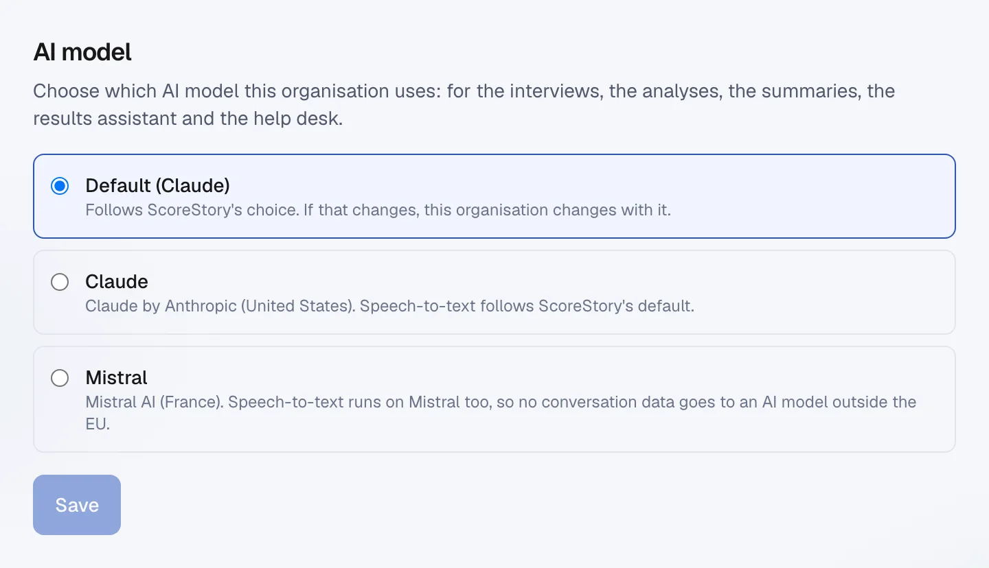 The AI model setting with the choices Default, Claude and Mistral