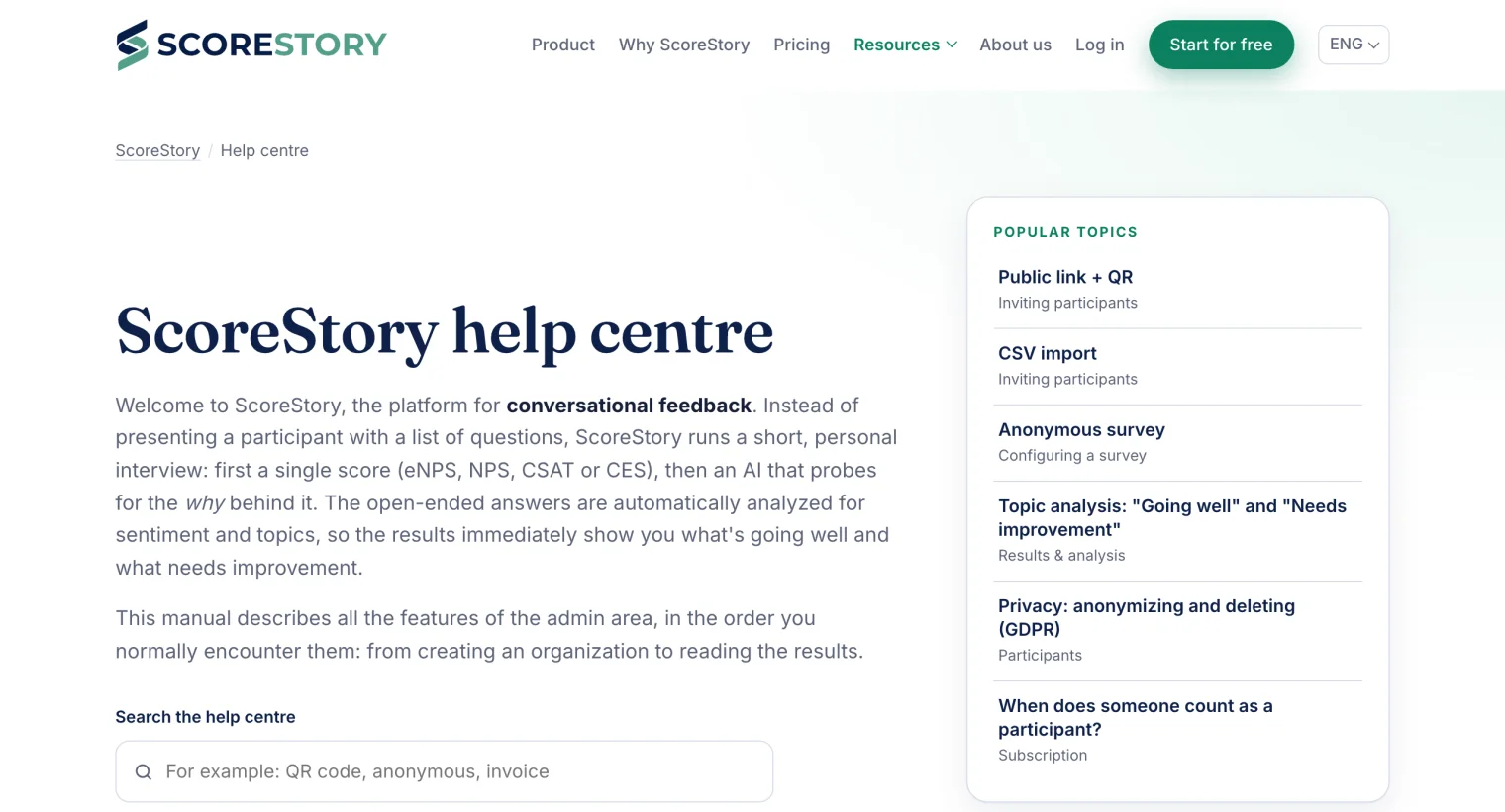 The help centre on the website with a search field and popular topics