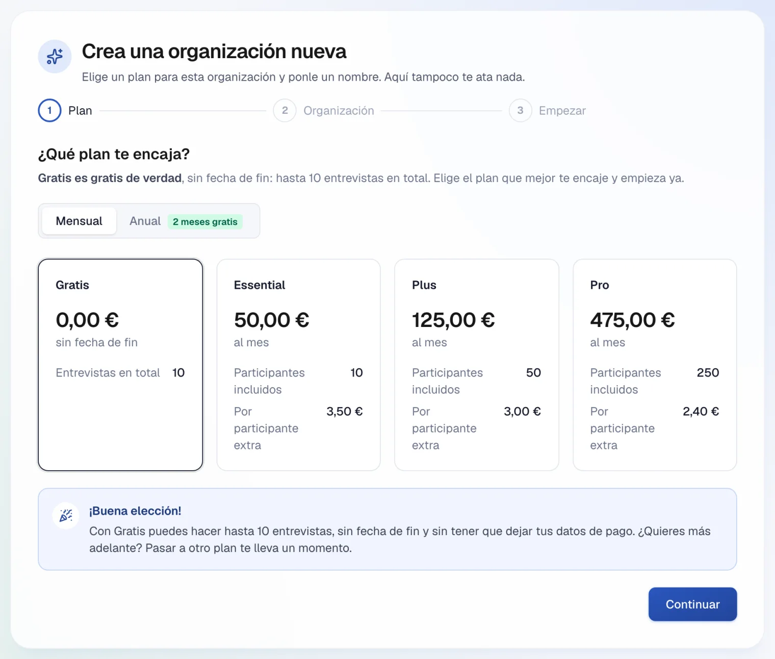 La elección de un plan al crear una organización, con el plan gratuito seleccionado