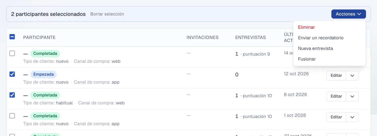 Dos participantes seleccionados y el menú Acciones