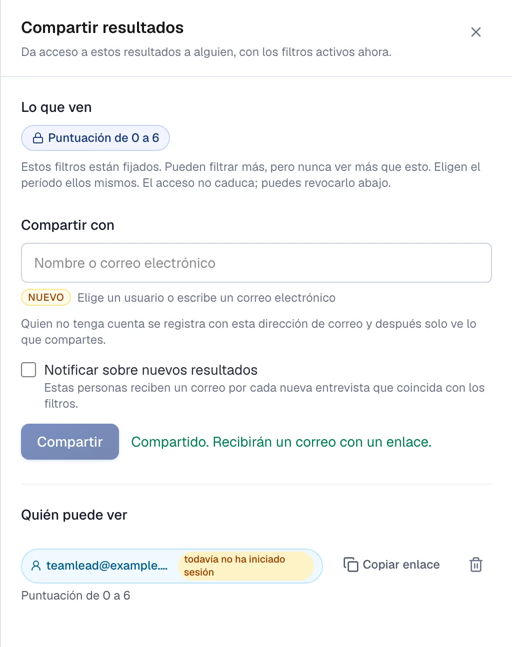 La ventana Compartir resultados, con quién puede seguirlos