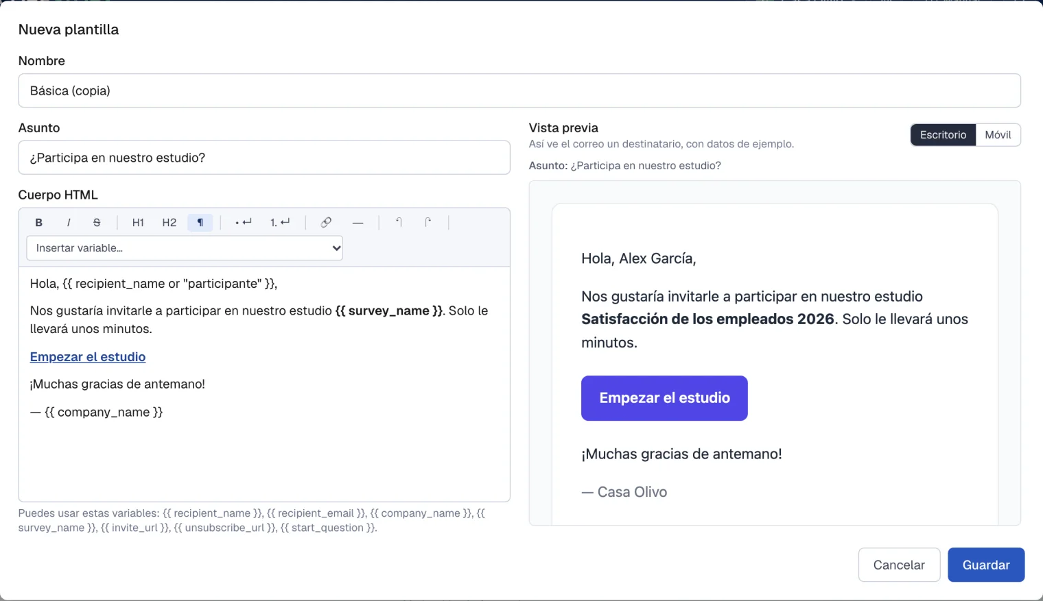 El editor de una plantilla de correo con diseño y una vista previa del correo
