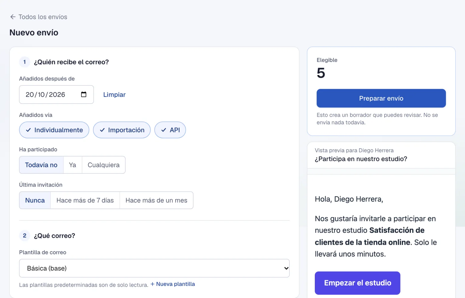Un envío nuevo en dos pasos, con el número de destinatarios y una vista previa a la derecha