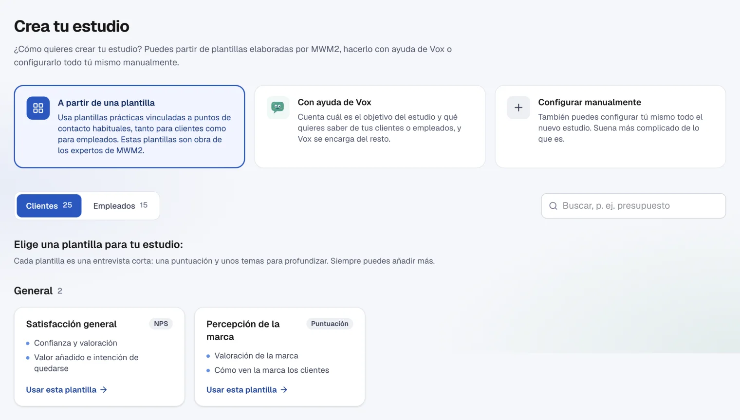Crear un estudio: una plantilla, ayuda de Vox o configuración manual, con las primeras plantillas