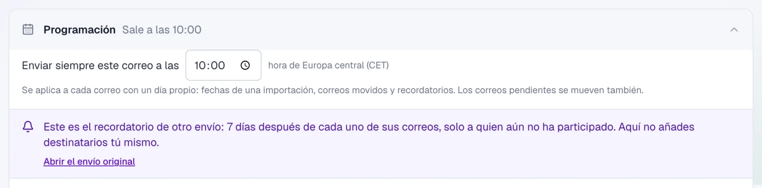 La programación de un recordatorio, con la hora a la que siempre sale el correo