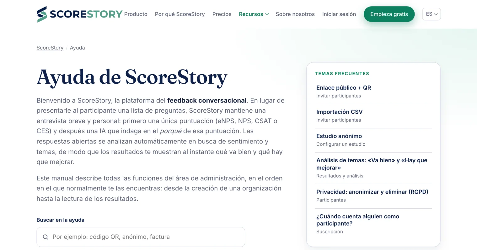 La ayuda en la web, con un buscador y los temas más consultados