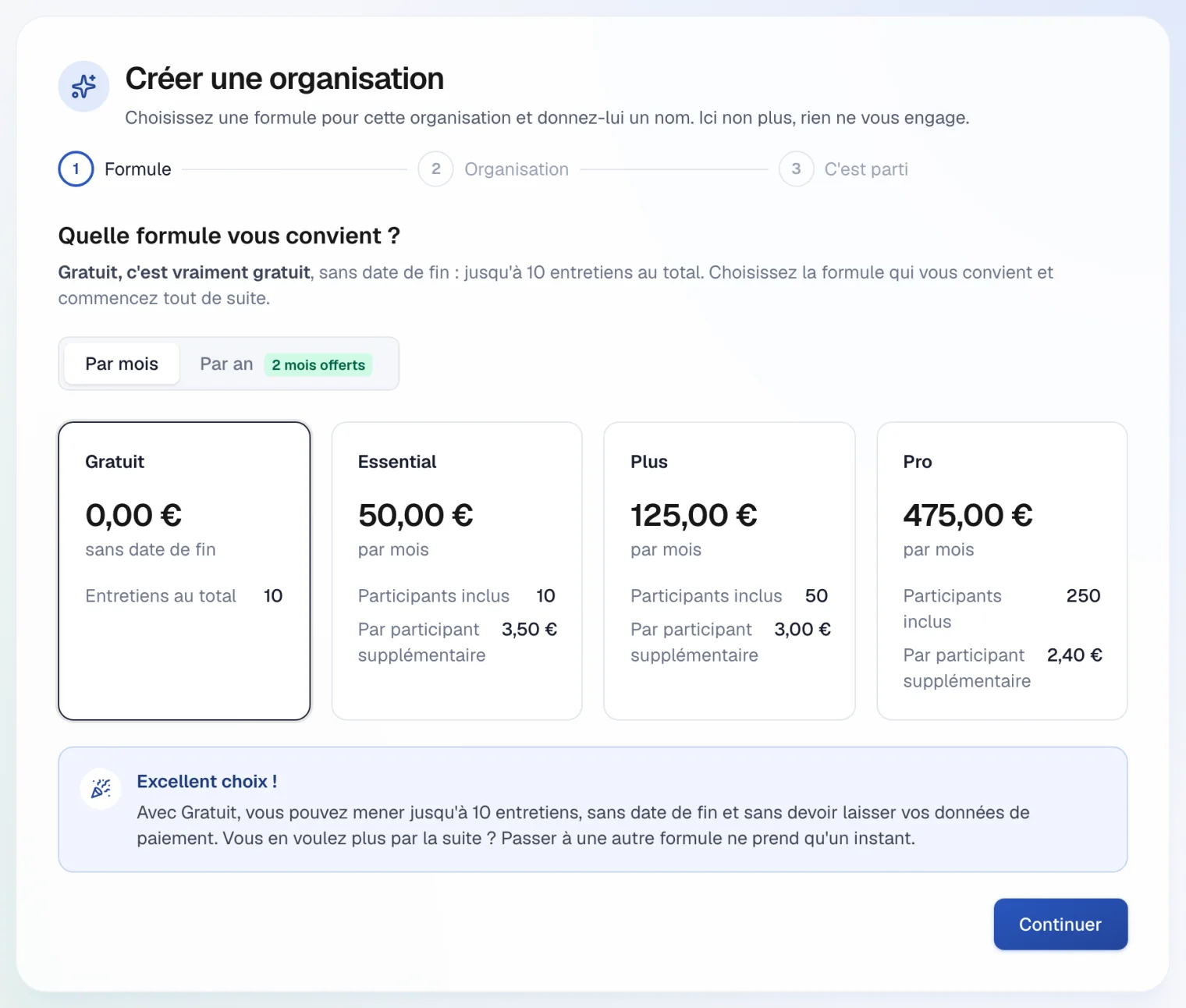 Le choix d'un abonnement à la création d'une organisation, avec l'abonnement gratuit sélectionné