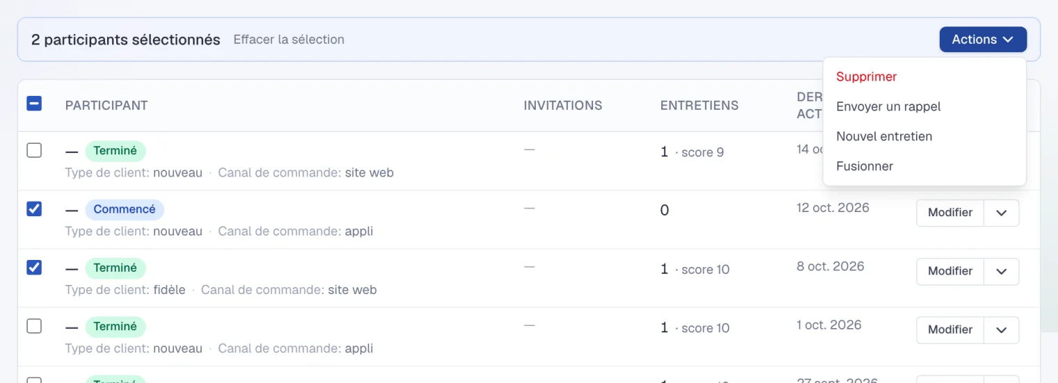 Deux participants sélectionnés et le menu Actions