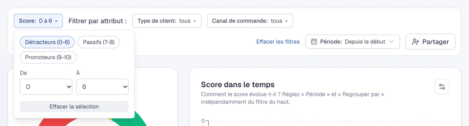 Le filtre de score avec les boutons détracteurs, passifs et promoteurs