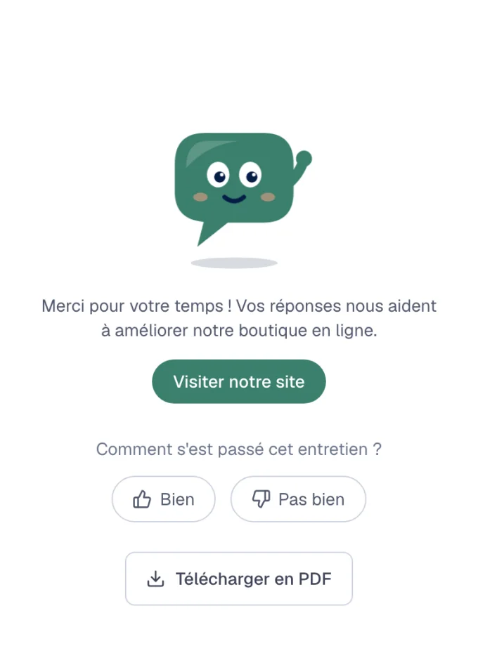 La page de fin d'un entretien sur un téléphone, avec Vox qui fait signe