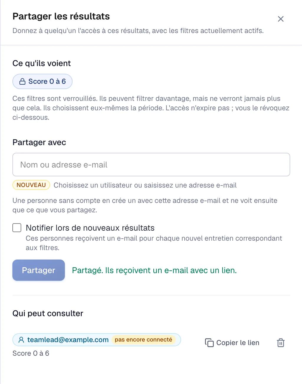 La fenêtre Partager les résultats, avec les personnes qui y ont accès