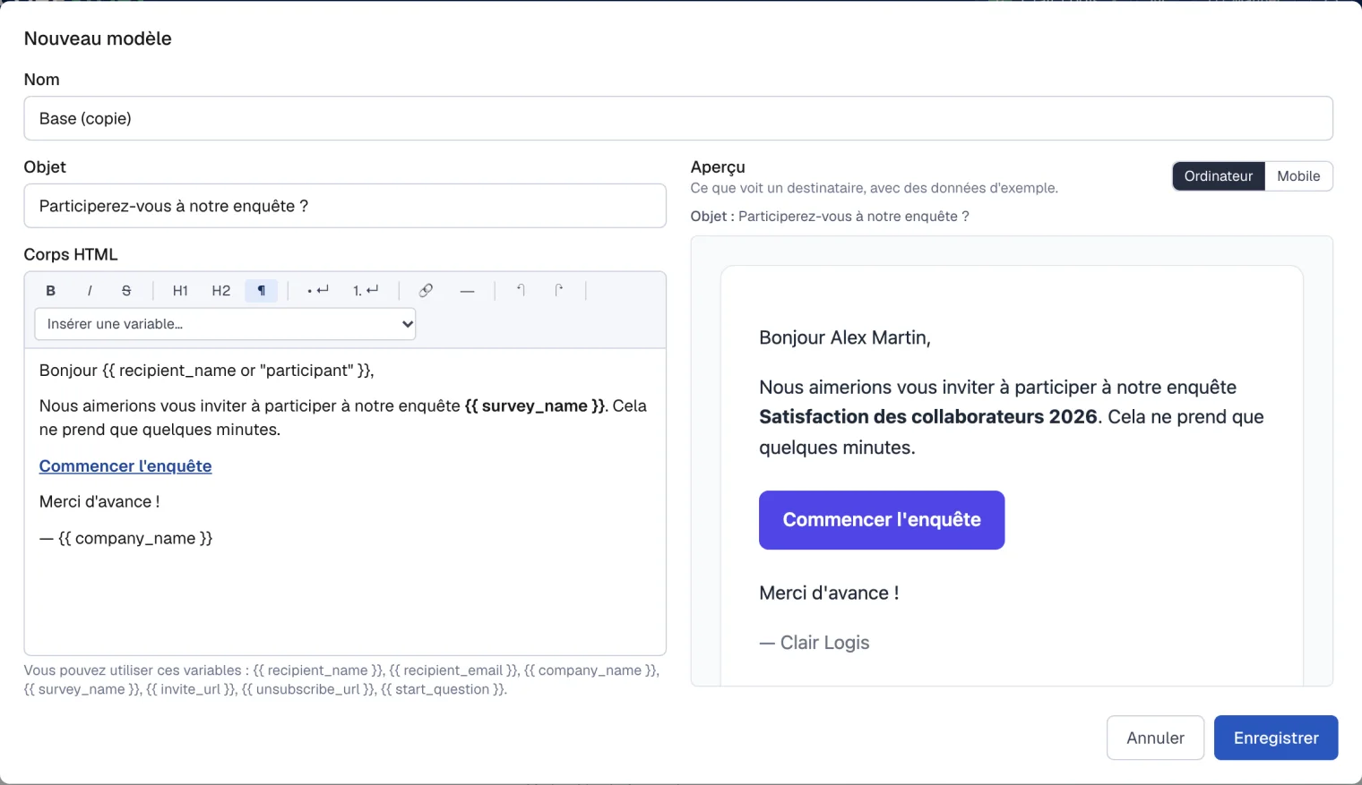 L'éditeur d'un modèle d'e-mail avec mise en page, et un aperçu de l'e-mail