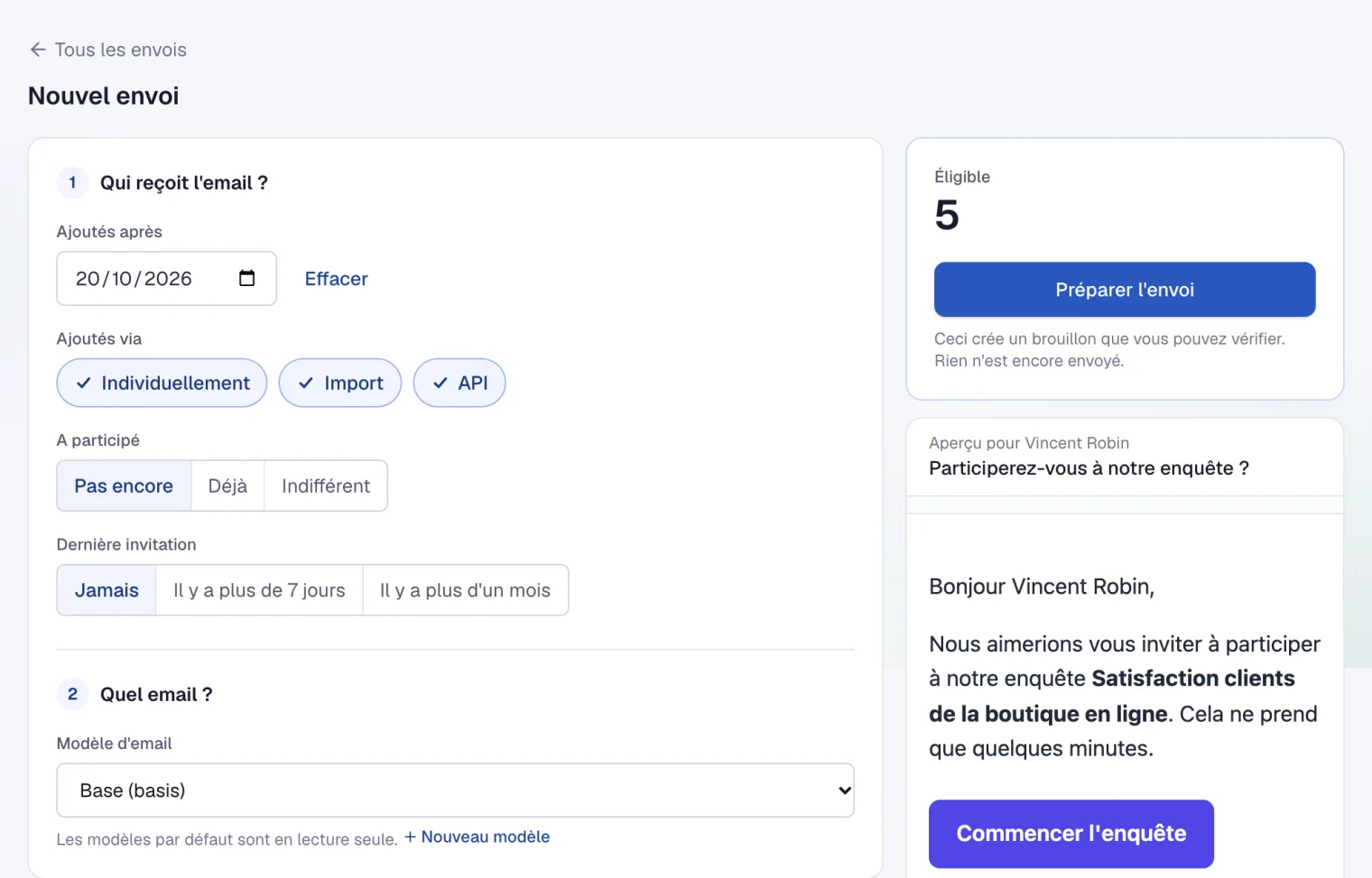 Un nouvel envoi en deux étapes, avec à droite le nombre de destinataires et un aperçu