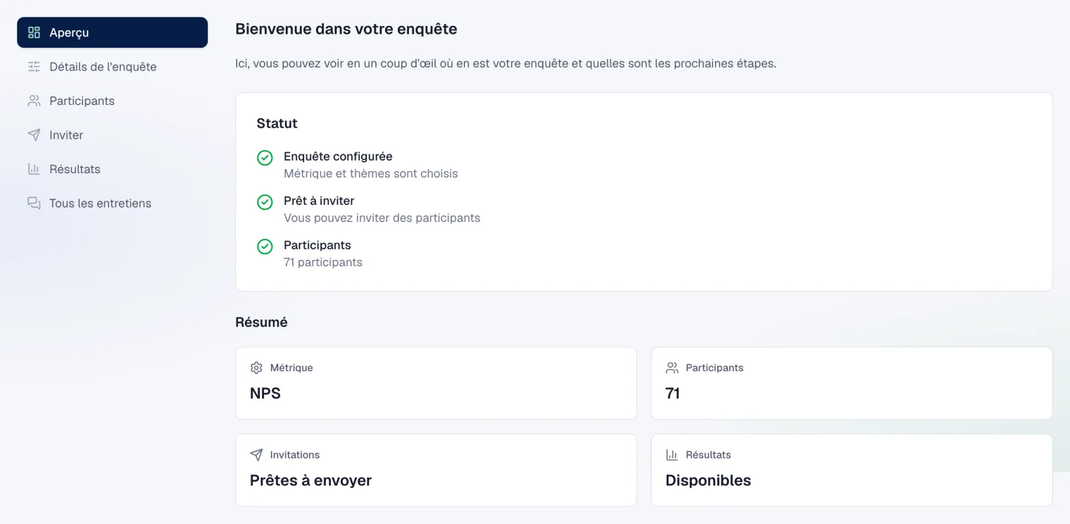 L'aperçu d'une enquête avec l'état de chaque étape