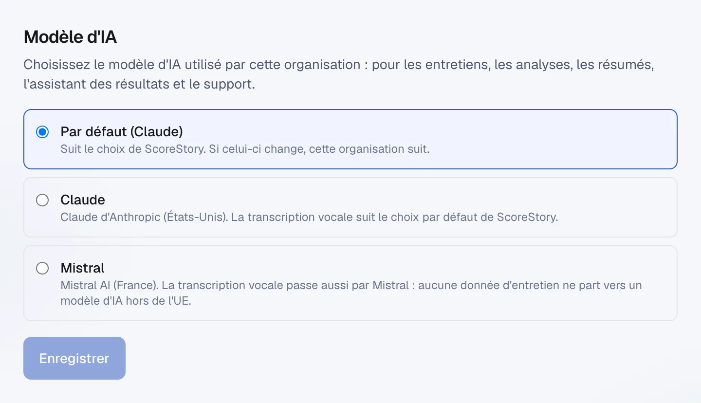 Le réglage Modèle d'IA avec les choix Par défaut, Claude et Mistral