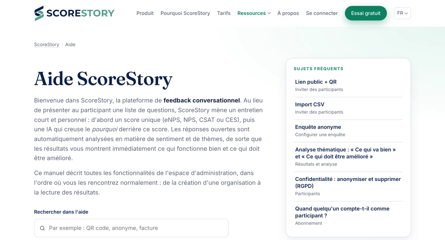 L'aide sur le site, avec un champ de recherche et les sujets fréquents