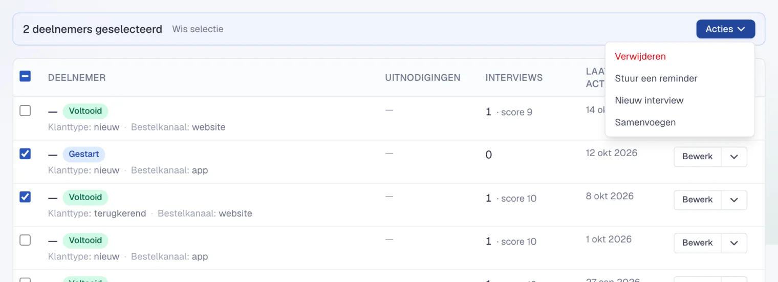 Twee geselecteerde deelnemers en het menu Acties