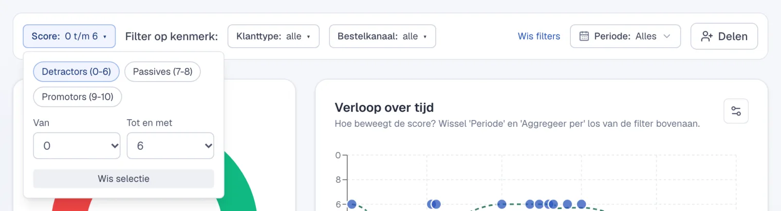 Het scorefilter met de knoppen voor detractors, passives en promotors