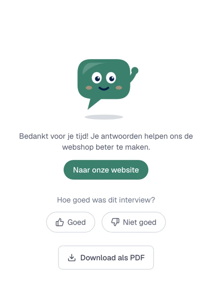 De eindpagina van een interview op een telefoon, met een zwaaiende Vox