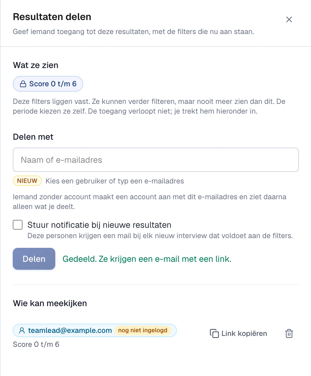 Het venster Resultaten delen, met wie kan meekijken