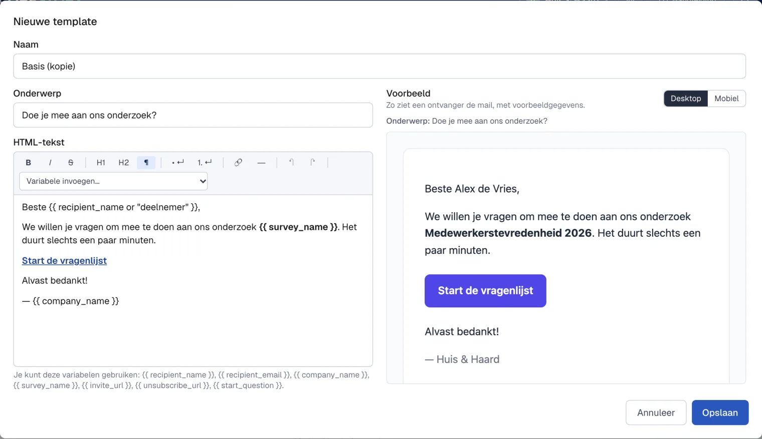 De editor voor een mailtemplate met opmaak, en een voorbeeld van de mail