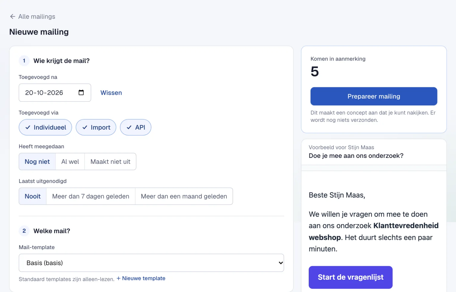 Een nieuwe mailing in twee stappen, met rechts het aantal ontvangers en een voorbeeld