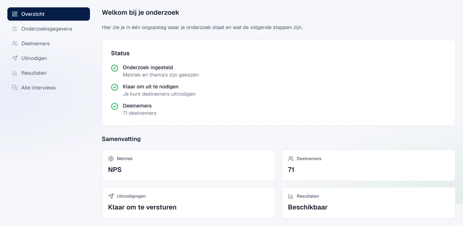 Het overzicht van een onderzoek met de status per stap