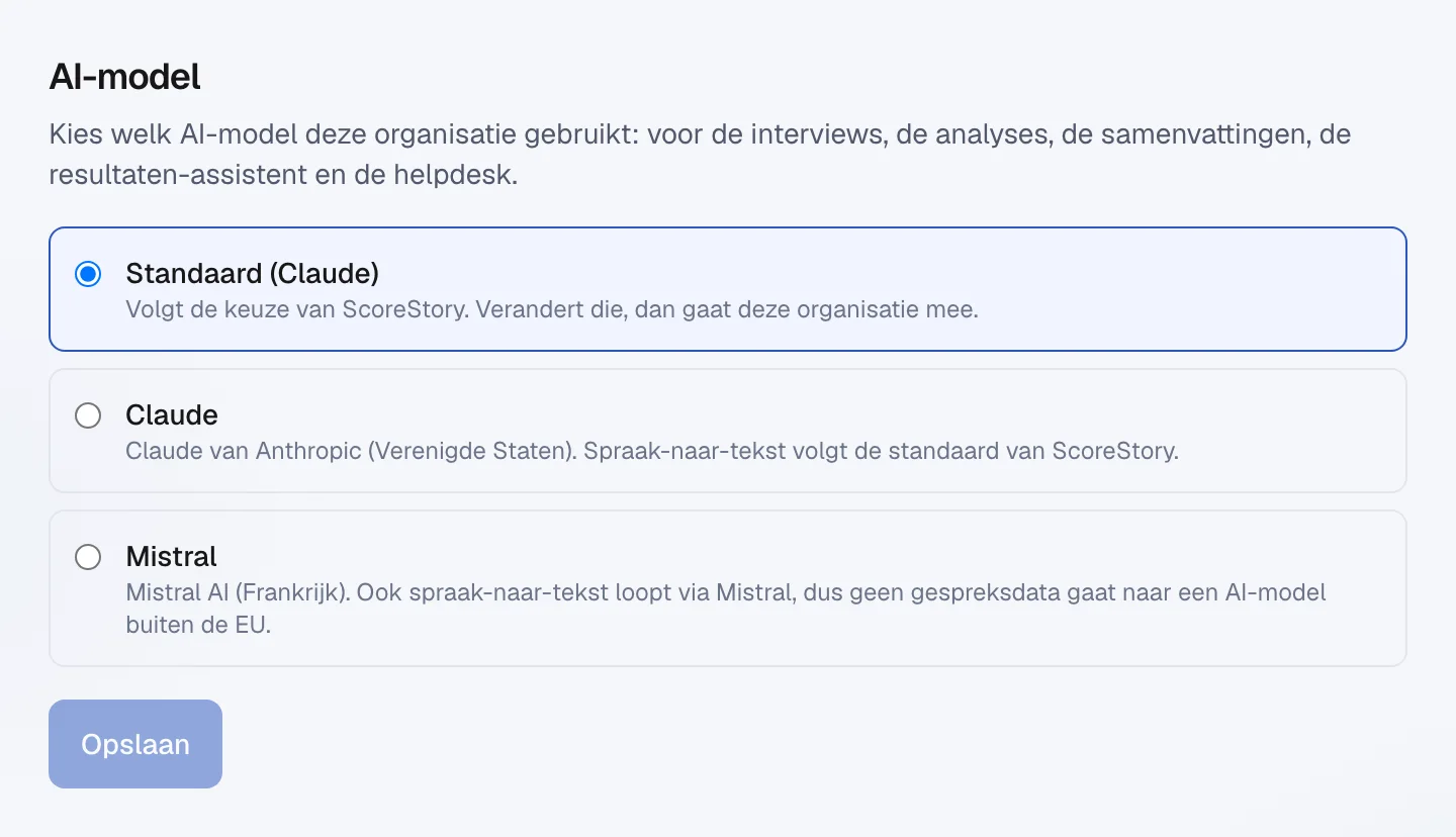 De instelling AI-model met de keuzes Standaard, Claude en Mistral