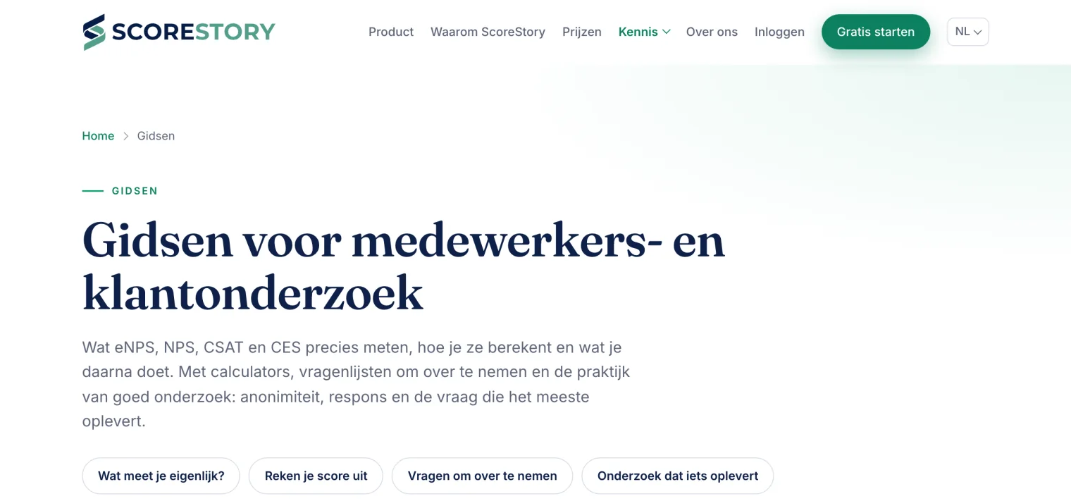 De gidsen op de website over eNPS, NPS, CSAT en CES