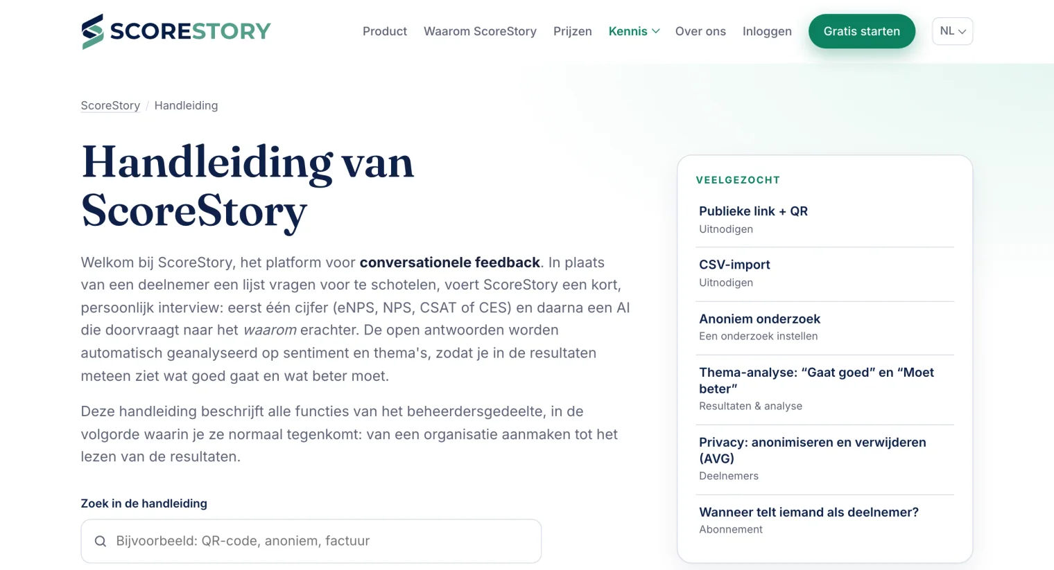Het helpcentrum op de website met een zoekveld en veelgezochte onderwerpen