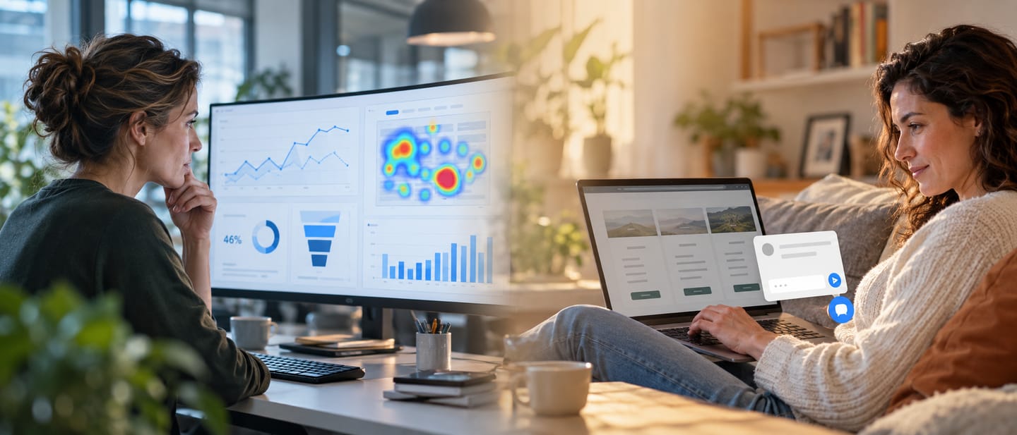 Links bekijkt een marketeer een scherm vol web-analytics, rechts beantwoordt een bezoeker op de bank in een chatvenster op een prijzenpagina een vervolgvraag