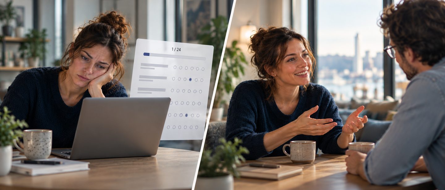 À gauche, une femme soupire devant un questionnaire en ligne interminable sur son ordinateur ; à droite, la même femme raconte son expérience avec entrain à quelqu’un qui l’écoute