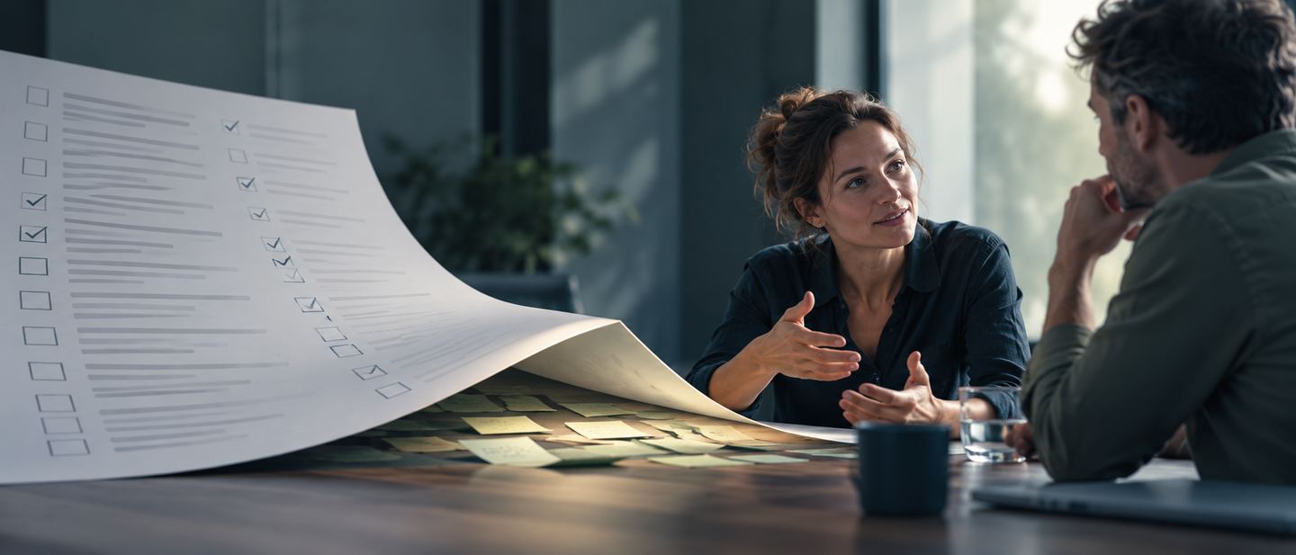 Een lange vragenlijst die van tafel omkrult, met notities eronder verstopt, terwijl een klant in gesprek haar verhaal vertelt