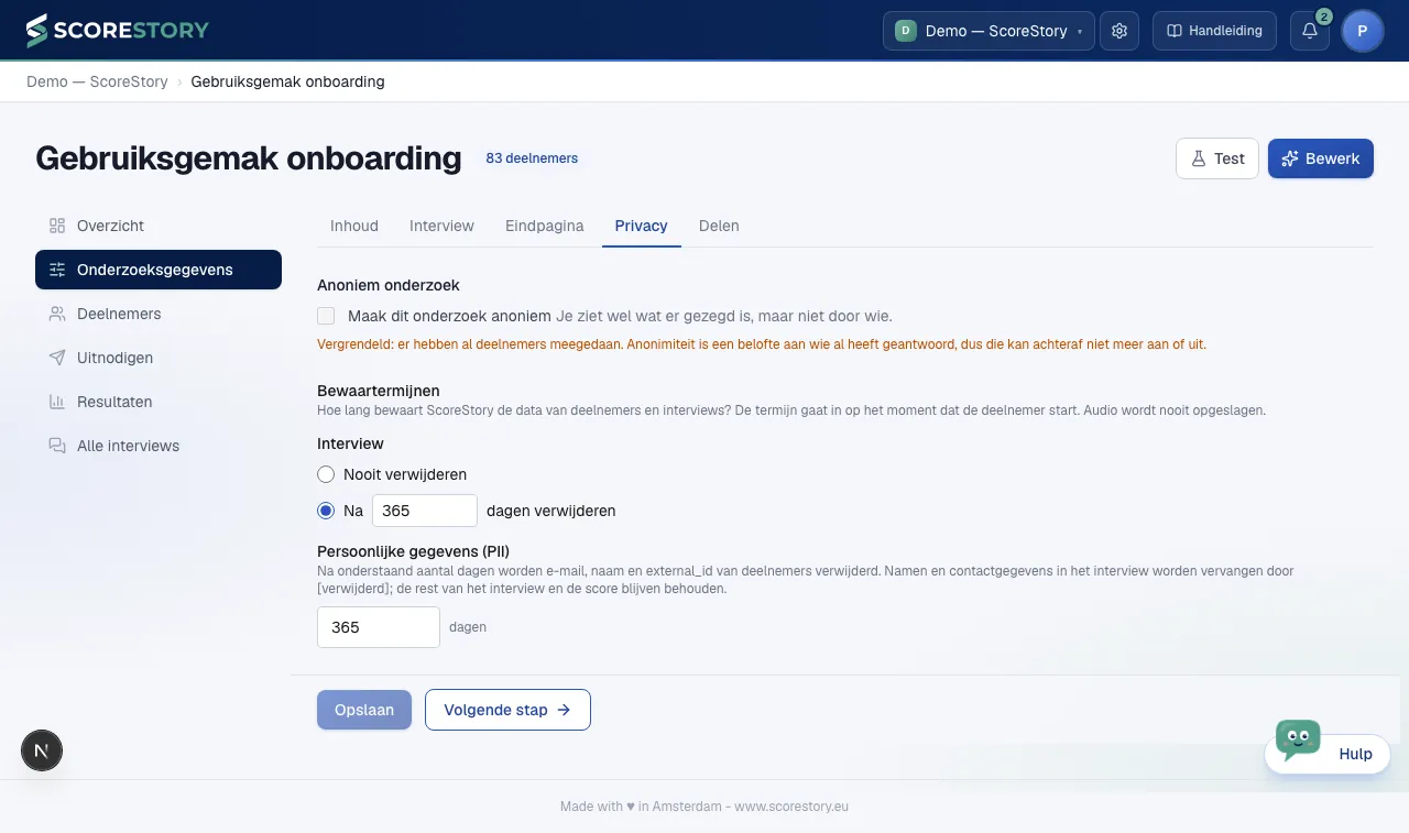 Instellingen — privacy en bewaartermijnen