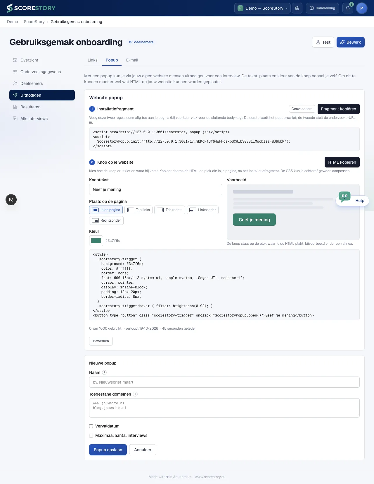 Uitnodigen — popup-insluiting